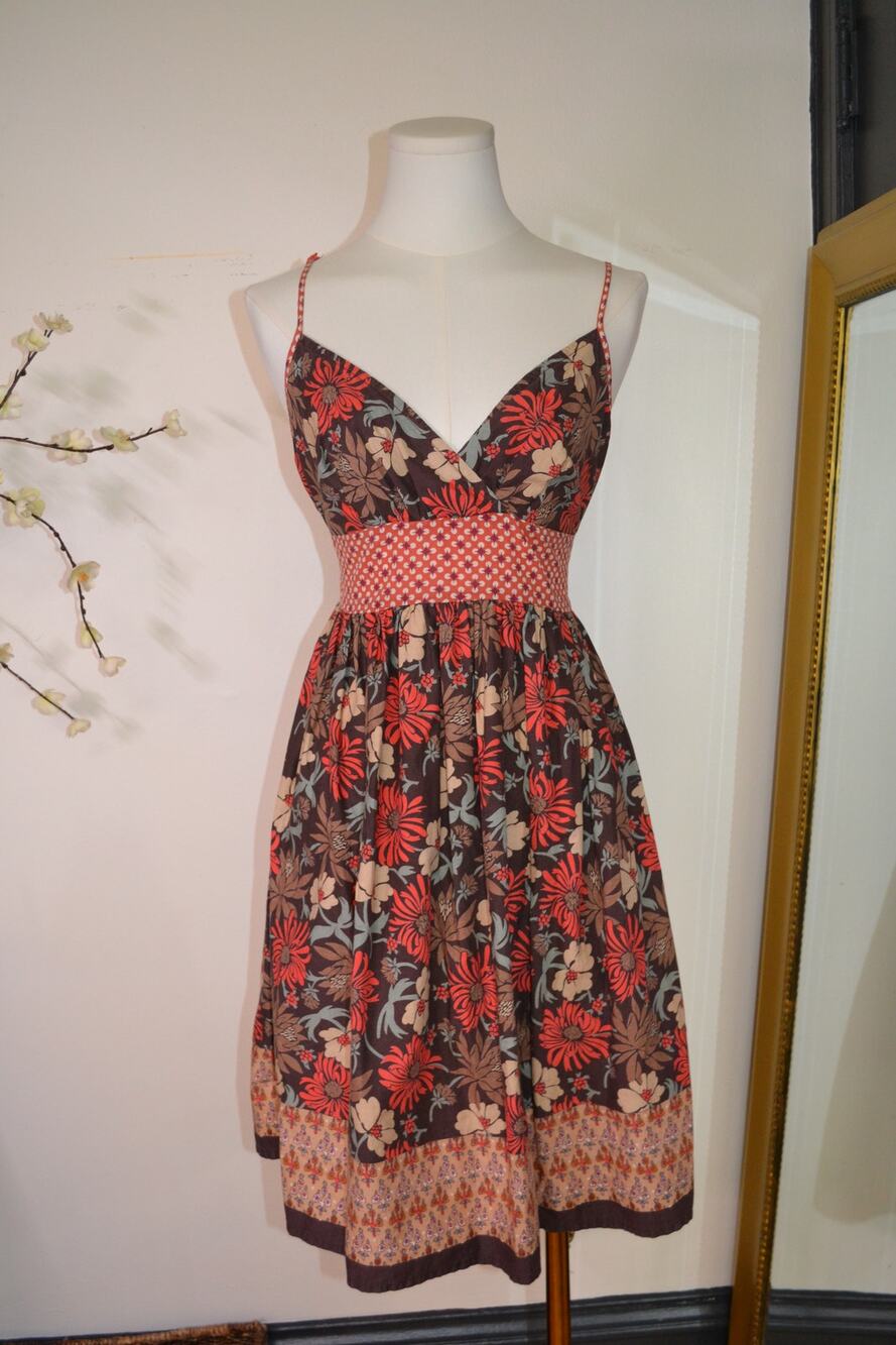 Y2K Brown Floral Garden Cottage 100% Cotton Mixed Pattern A Line Dress Size M - Picture 1 of 6